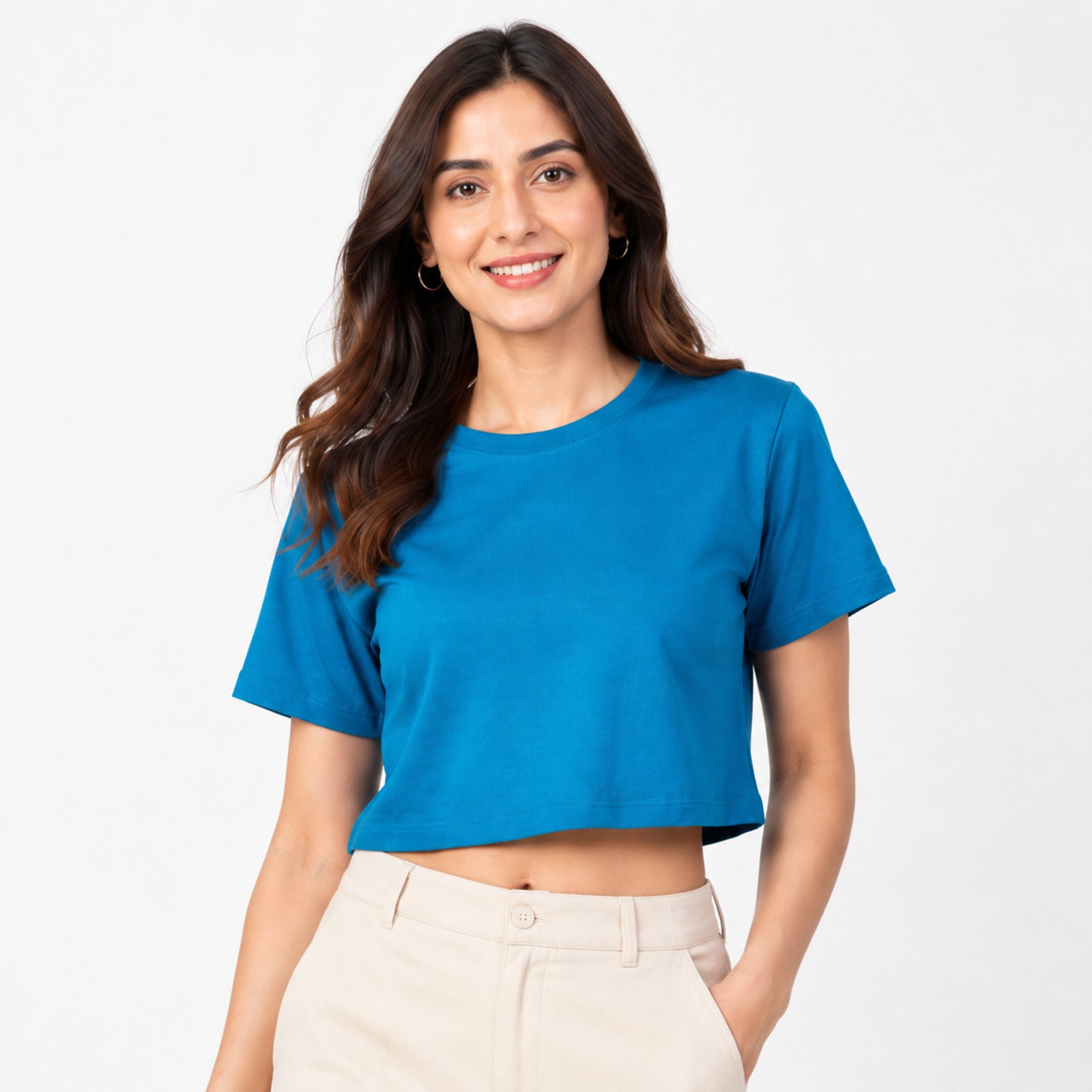 Women's Teal Crew Neck Short Sleeve Relaxed Crop T-Shirt | Solid Everyday Casual Tee-3