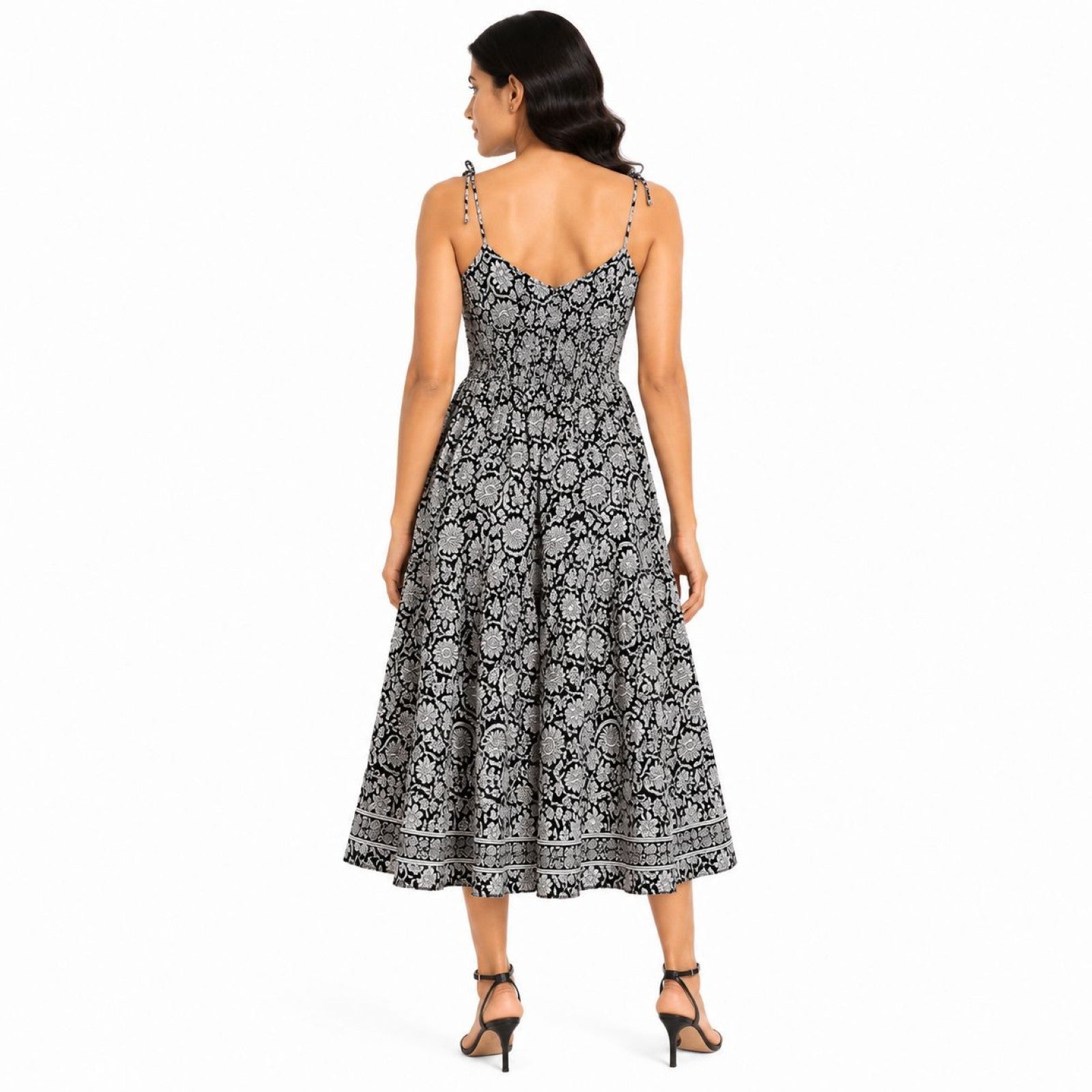 Women's White & Black Printed Sleeveless Midi Dress-4