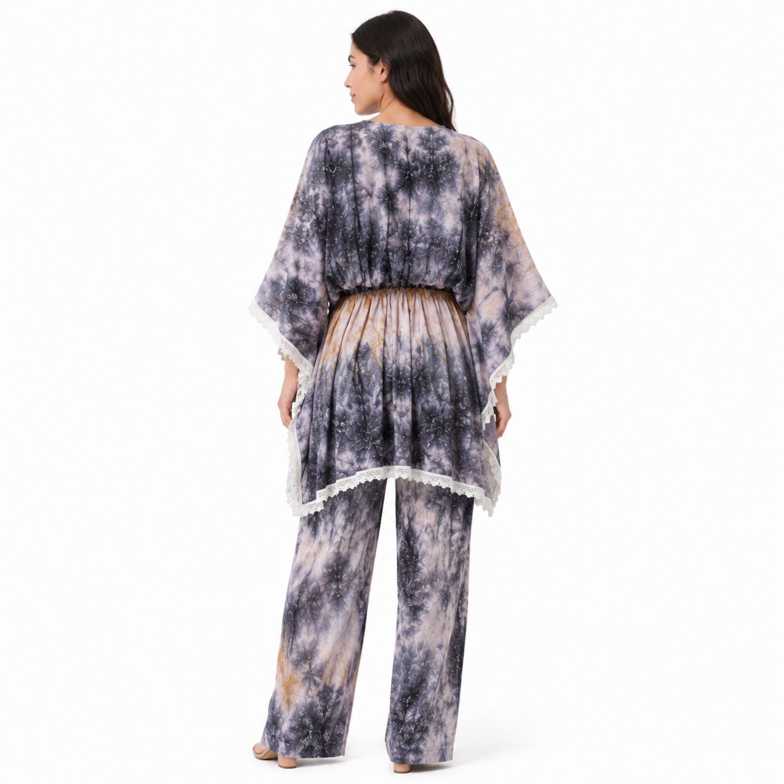 Women's Grey Tie-Dye Lace Trim Kaftan Co-Ord Set | Breezy Resort Wear Lounge Set-4
