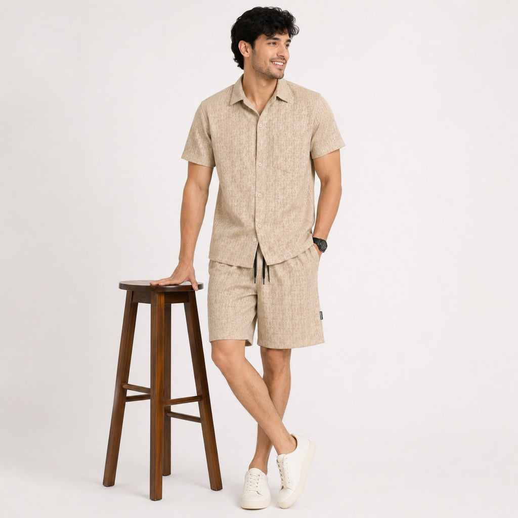 Men's Beige Monogram Textured Cuban Collar Shirt and Shorts Co-ord Set-3
