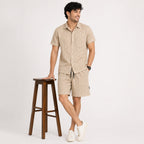 Men's Beige Monogram Textured Cuban Collar Shirt and Shorts Co-ord Set-3