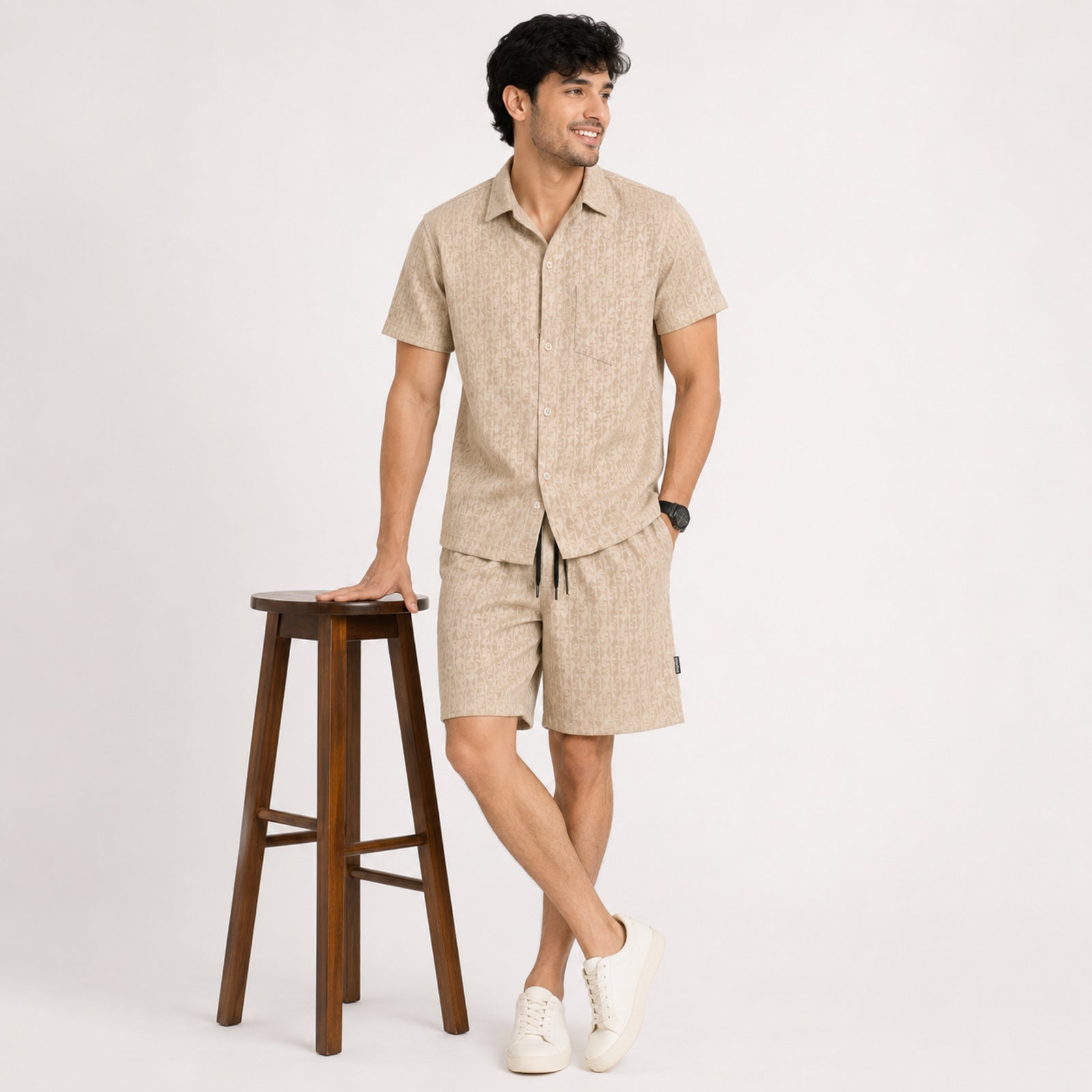 Men's Beige Monogram Textured Cuban Collar Shirt and Shorts Co-ord Set-3