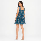 Women's Teal Floral Print One-Shoulder Tiered Mini Dress-4