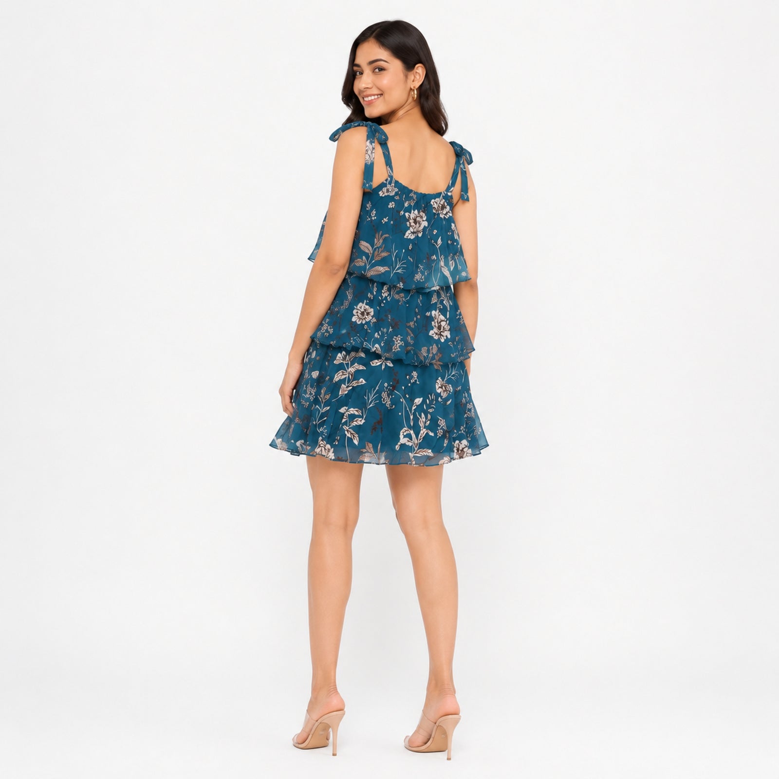 Women's Teal Floral Print One-Shoulder Tiered Mini Dress-4