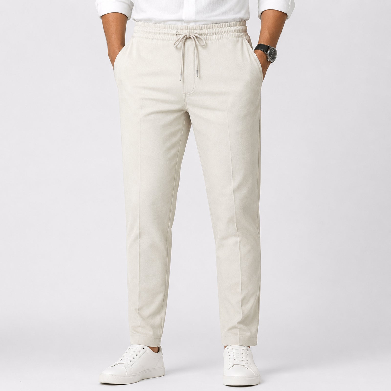 Men's Luxe Ivory Drawstring Smart Casual Trousers-3