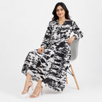 Women's White Abstract Print Flowy Midi Dress with Tie Neck Detail-3