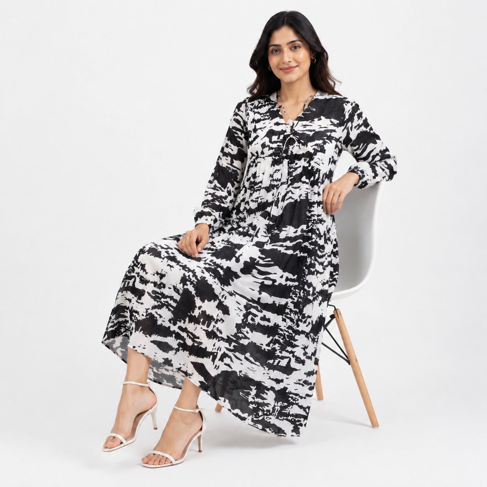 Women's White Abstract Print Flowy Midi Dress with Tie Neck Detail-3