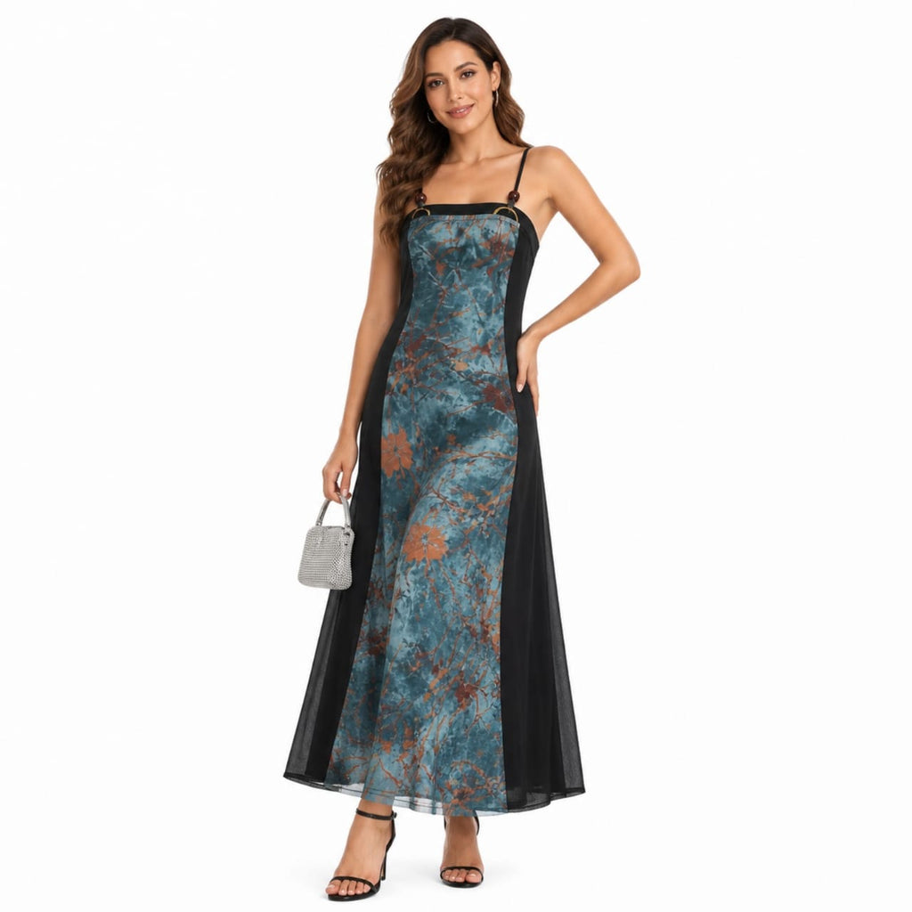 Women's Contrast Panel Spaghetti Strap Midi Dress-3