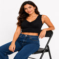 Women's Chic Midnight Black Ribbed Bralette Crop Top with Ruched V-Neckline-1
