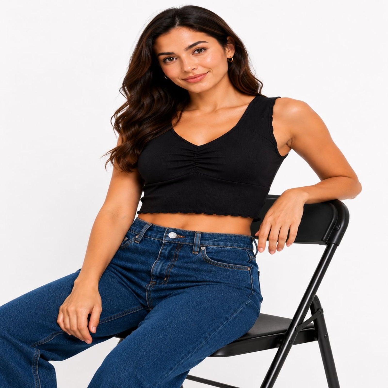 Women's Chic Midnight Black Ribbed Bralette Crop Top with Ruched V-Neckline-1