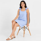 Women's Sky Blue Textured Sleeveless Shift Mini Dress with Bow Shoulder Straps-2