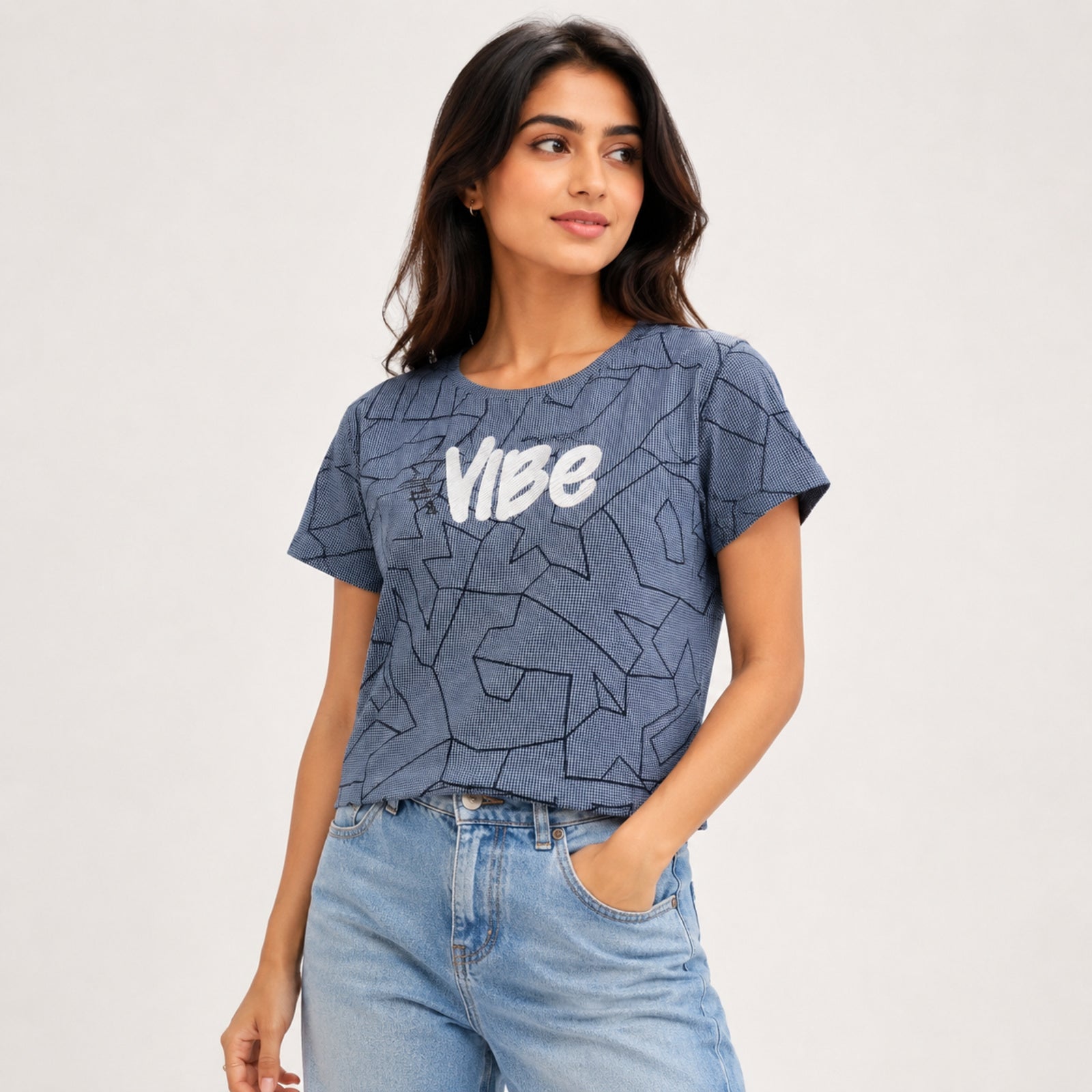 Women's Vibe Graphic Printed Blue T-Shirt-2
