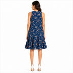 Women's Navy Blue Floral Printed Sleeveless Fit & Flare Knee Length Dress-4