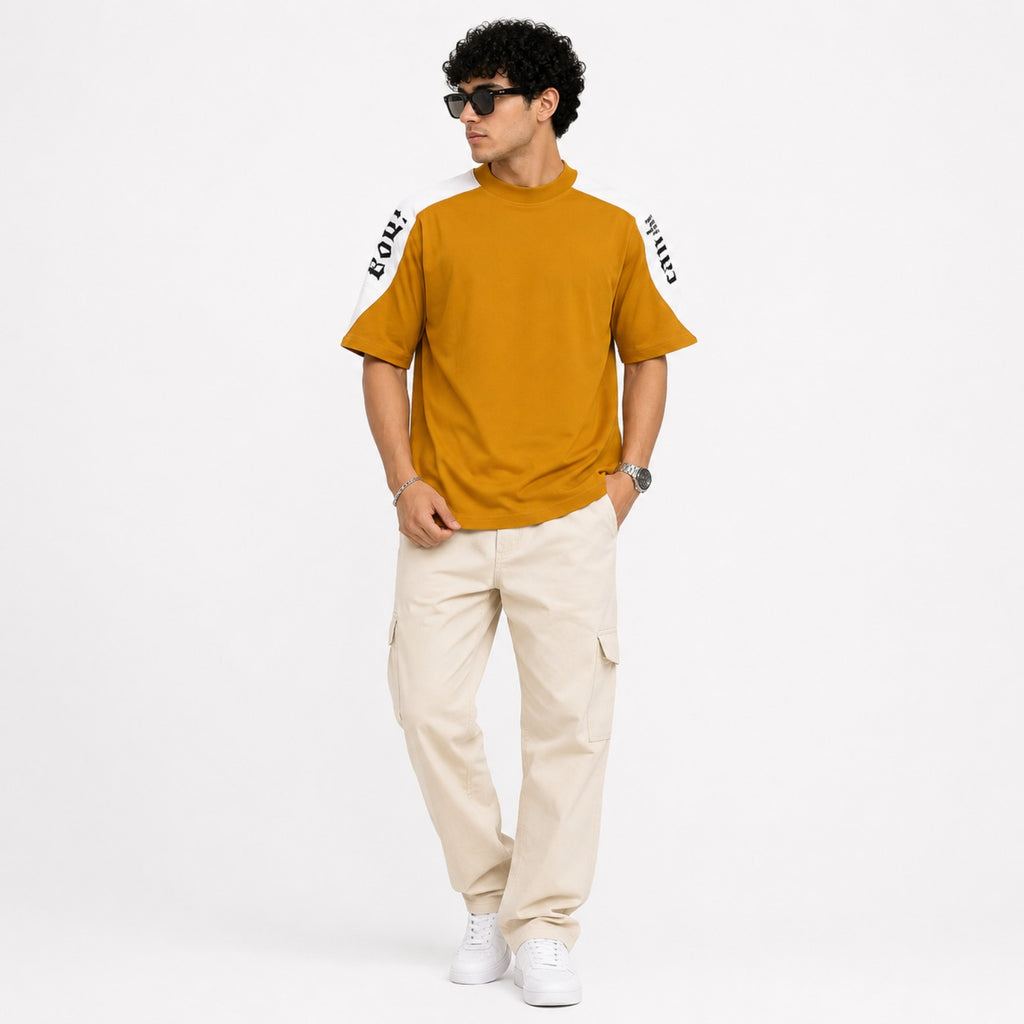 Men's Mustard High Neck Oversized Streetwear T-Shirt-1