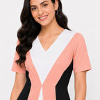 Women's Peach Color Block V-Neck Fit & Flare Midi Dress-4