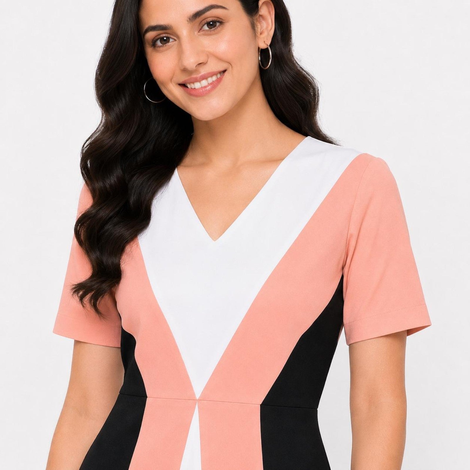 Women's Peach Color Block V-Neck Fit & Flare Midi Dress-4