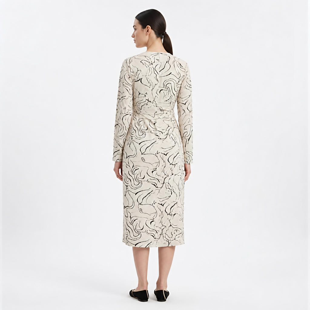 Ivory Abstract Wrap Midi Dress-4