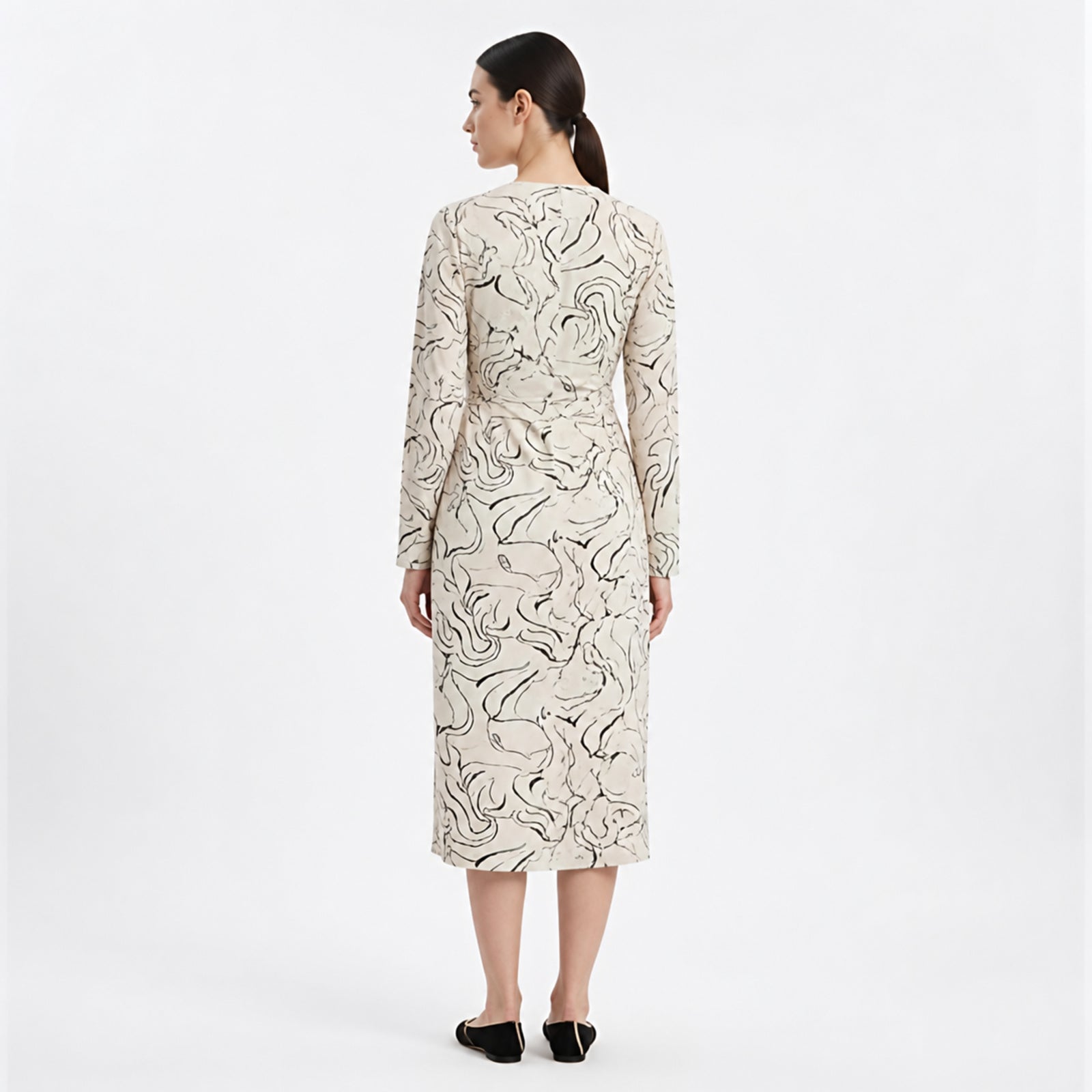 Ivory Abstract Wrap Midi Dress-4