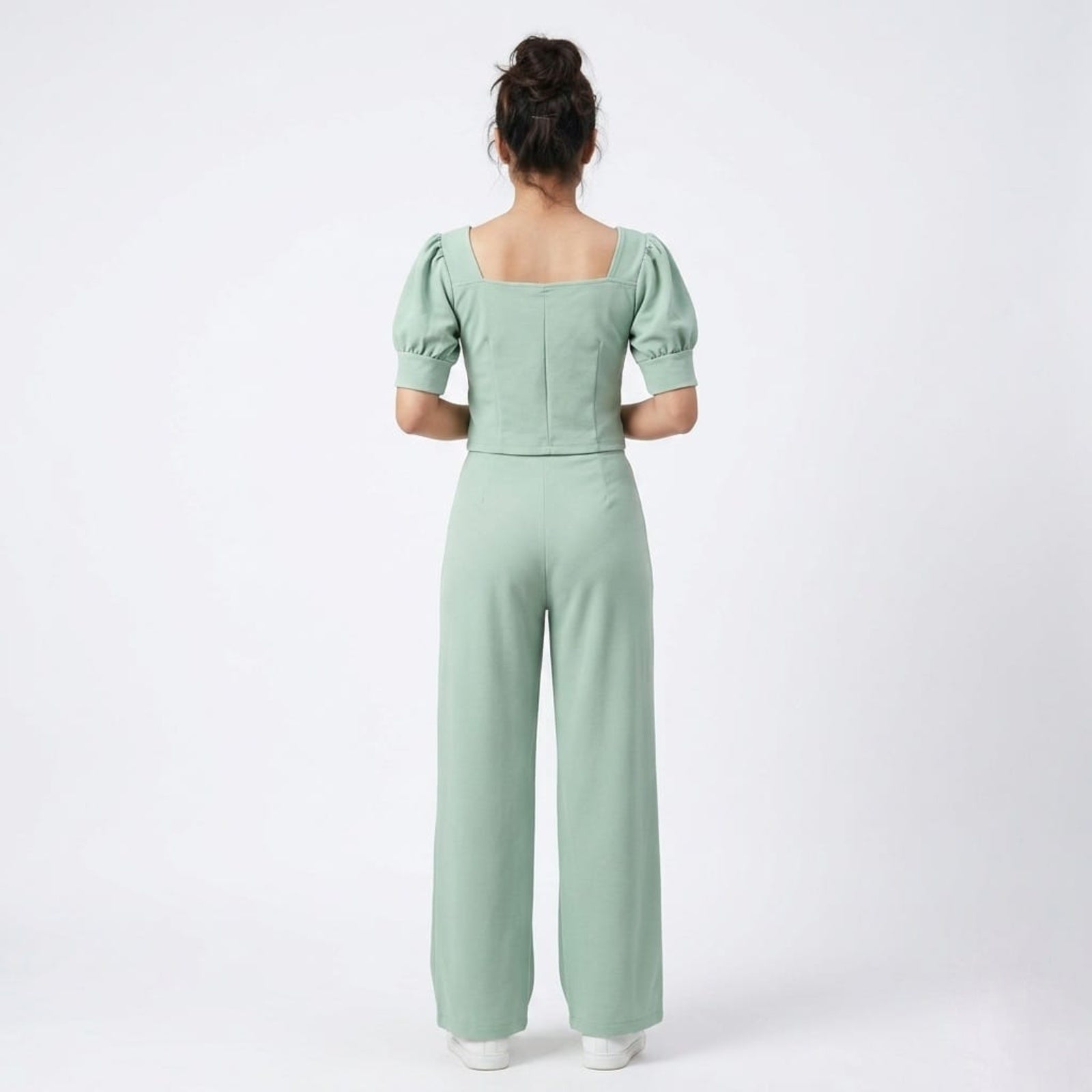 Women's Parrot Green Puff Sleeve Square Neck Top-2