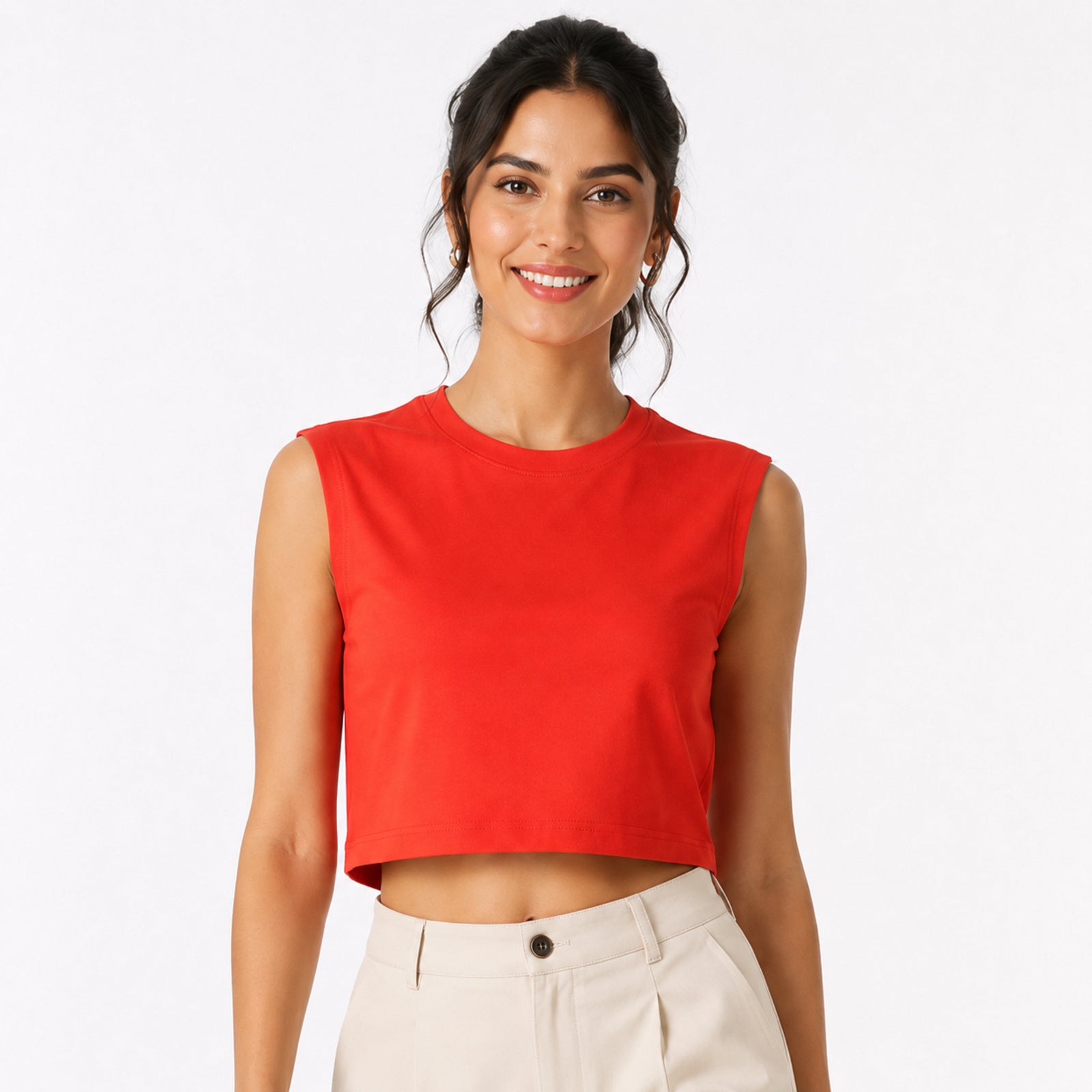 Women's Red Structured Shoulder Sleeveless Crop Top | Solid Minimal Statement Tee-2
