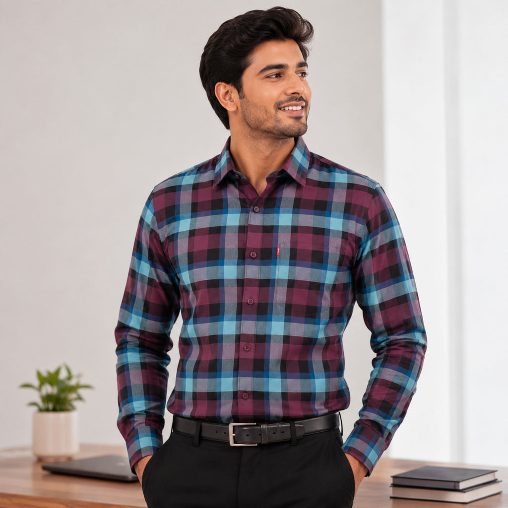 Men's Maroon and Teal Peacock Plaid Checkered Smart-Casual Shirt-4