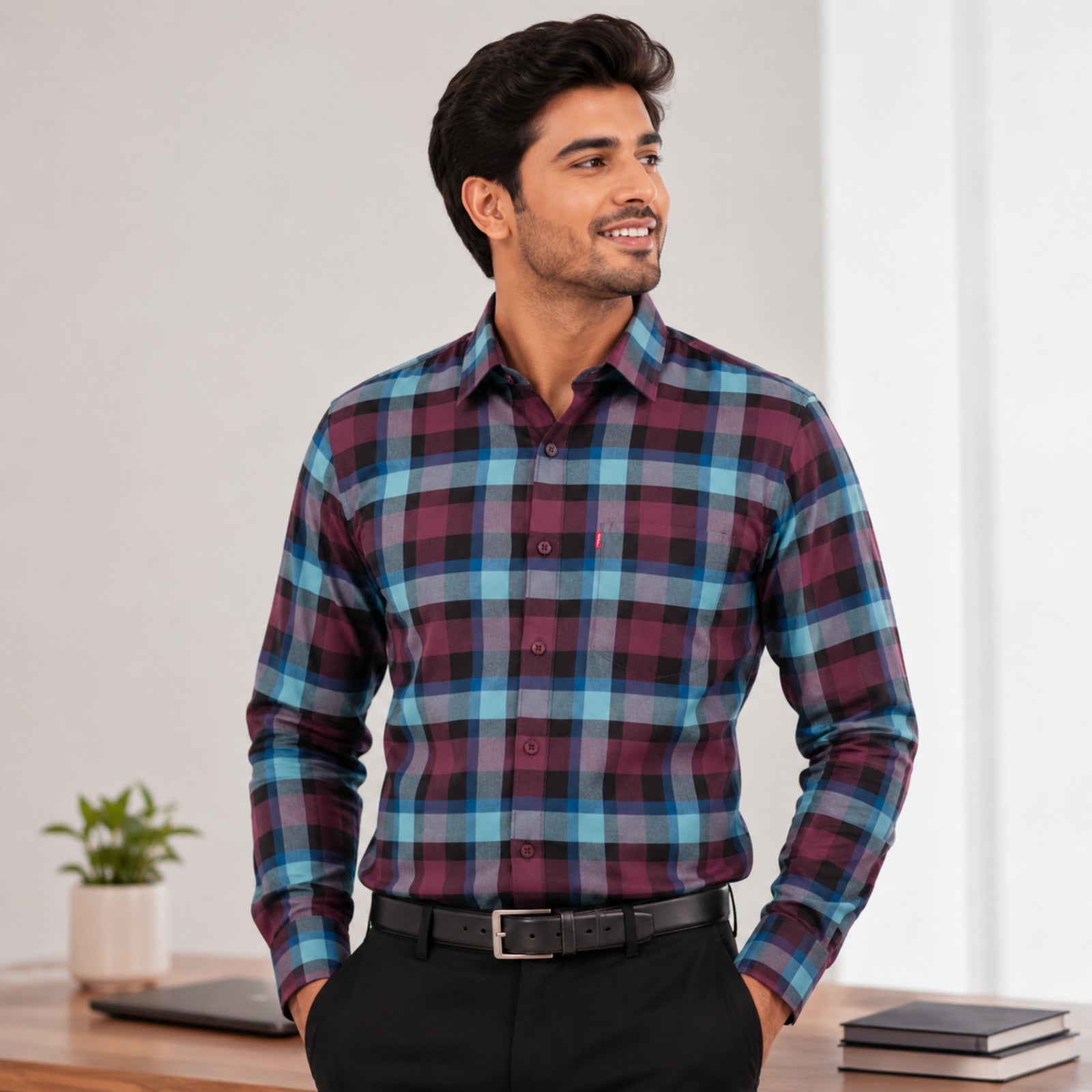 Men's Maroon and Teal Peacock Plaid Checkered Smart-Casual Shirt-4