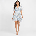 Women's Blue Floral Wrap Mini Dress with Flutter Sleeves-1