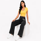 Women's Black Wide Leg Jeans with Embellished Pocket Detail | High-Rise Fashion Denim-1