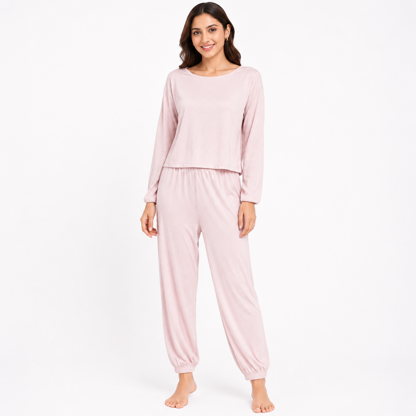 Women's Peach Lounge Co-Ord Set | Full Sleeve Relaxed T-Shirt & Jogger Pants Night Suit-1