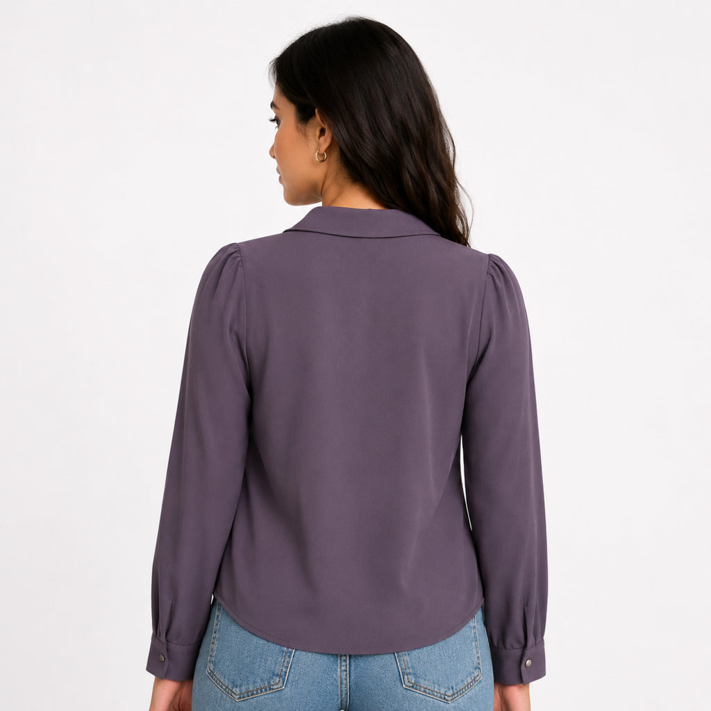 Women's Grey Ruffle Detail Long Sleeve Shirt-2