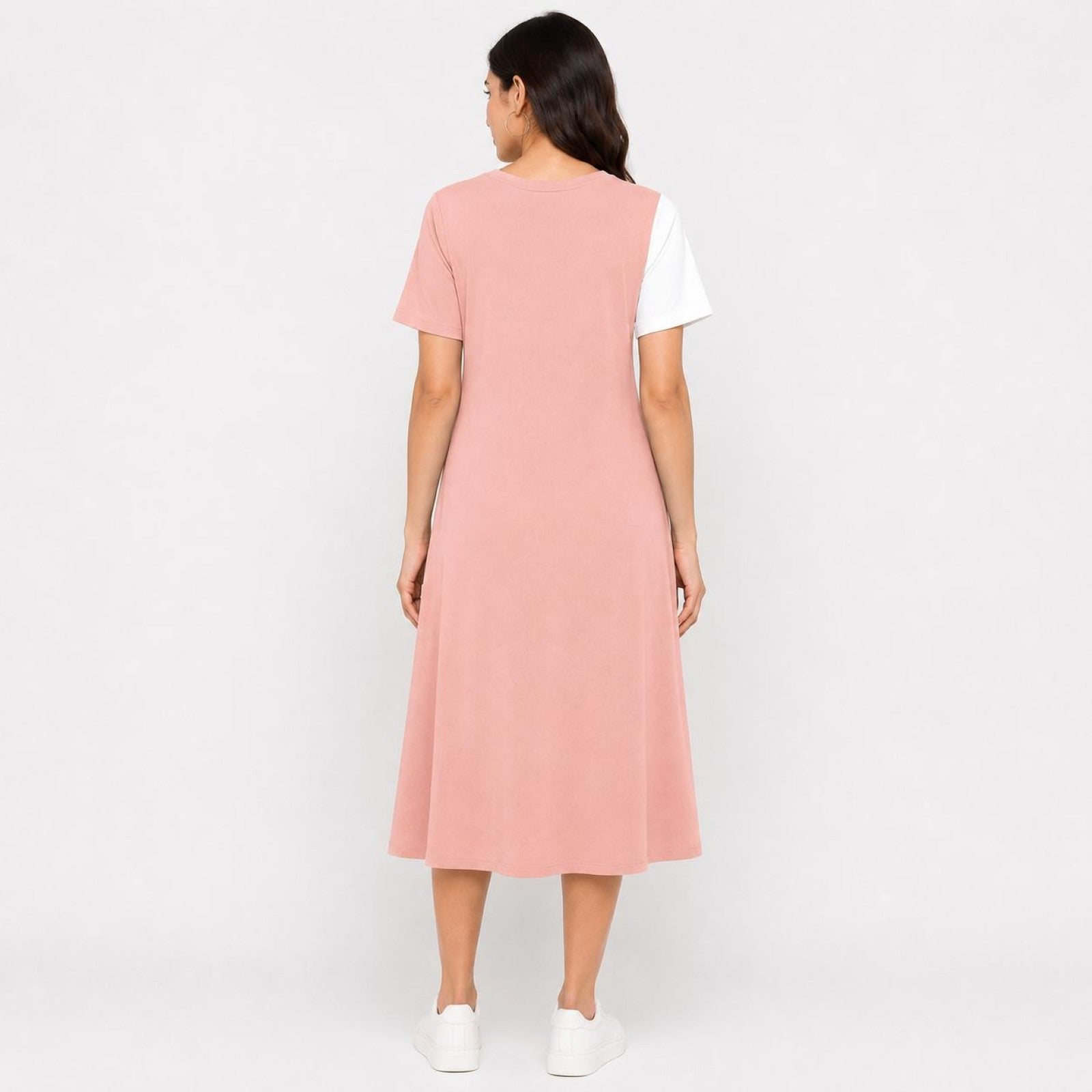 Women's Peach Abstract Color Block Round Neck A-Line Midi Dress-1