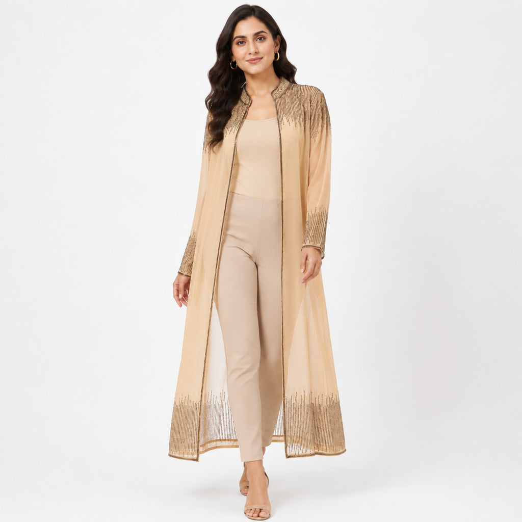Women's Beige Embellished Sheer Longline Open Front Shrug | Elegant Festive Layering Jacket-1
