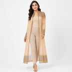 Women's Beige Embellished Sheer Longline Open Front Shrug | Elegant Festive Layering Jacket-1