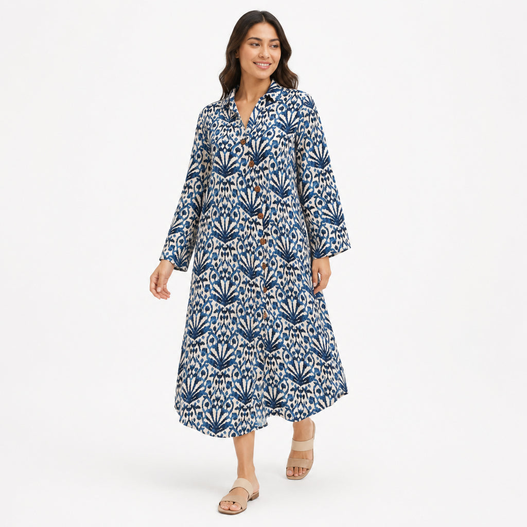 Women's Blue Ikat Print Button-Down Midi Dress with Flared Sleeves-1