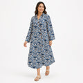Women's Blue Ikat Print Button-Down Midi Dress with Flared Sleeves-1