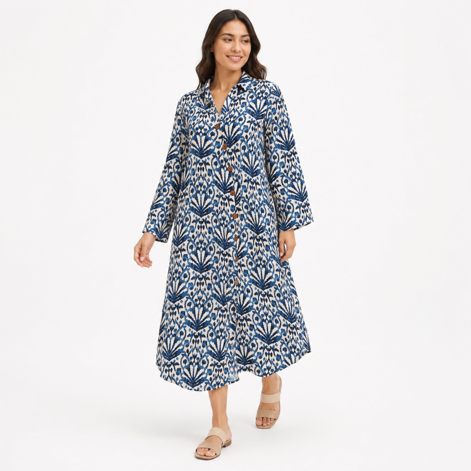Women's Blue Ikat Print Button-Down Midi Dress with Flared Sleeves-1