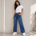Women's Sleek High-Waist Wide-Leg Mid-Blue Denim Cargo Jeans-1