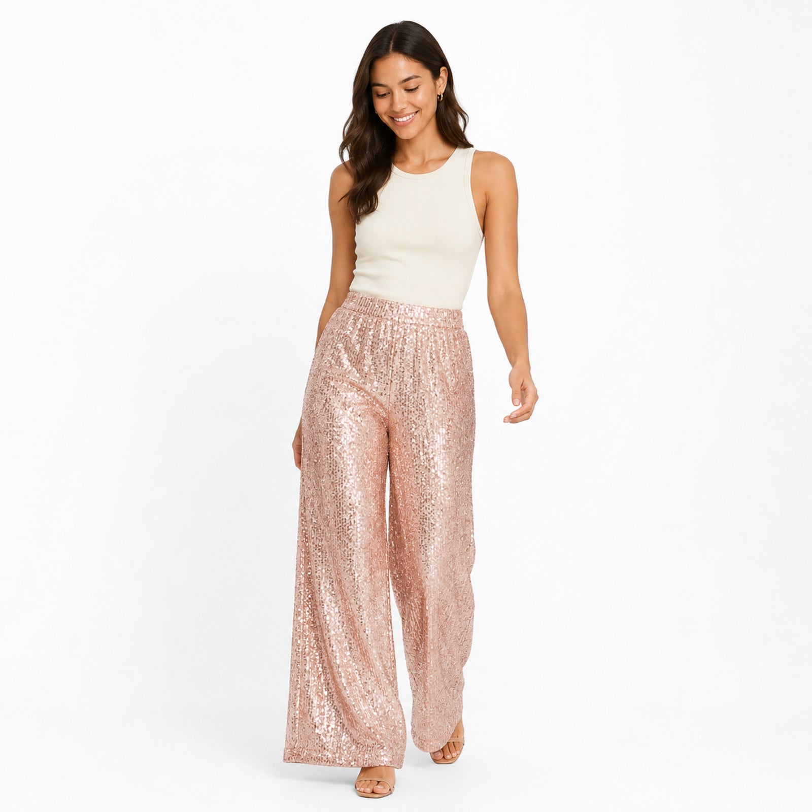 Women's Golden Sequin High-Rise Wide-Leg Pants | Glamorous Party Wear Palazzo Pants-1