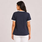 Women's Black Contrast Trim Graphic Printed Casual T-Shirt | Soft Cotton Blend Everyday Fashion Top-4