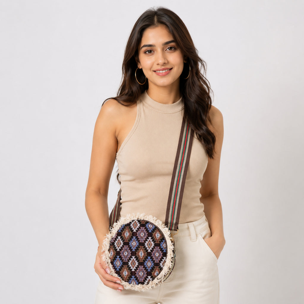 Women's Brown Tribal Print Round Crossbody Sling Bag with Fringe Detail-2