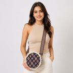 Women's Brown Tribal Print Round Crossbody Sling Bag with Fringe Detail-2