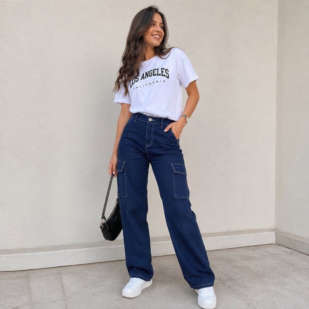 Women's Light Blue Cargo Fit Denim Jeans-3
