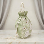 Women's Luxury Mint Pista Green Embroidered Potli Bag with Pearl Handle and Beaded Floral Clusters-3
