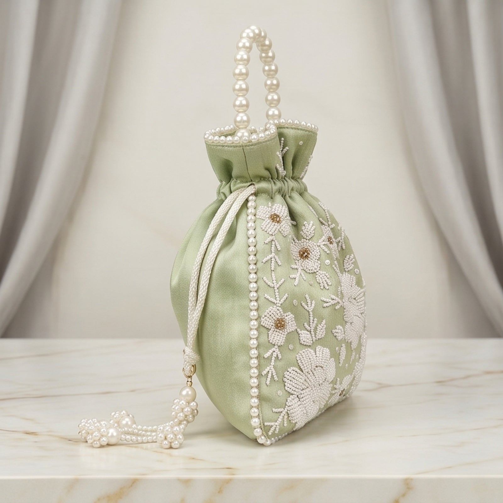 Women's Luxury Mint Pista Green Embroidered Potli Bag with Pearl Handle and Beaded Floral Clusters-3