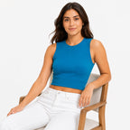 Women's Teal Sleeveless Round Neck Crop Top | Solid Fitted Casual Knit Top-3