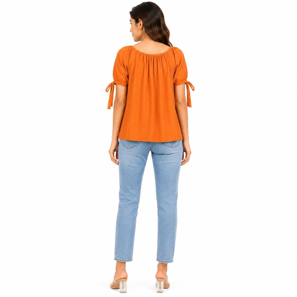 Women's Burnt Orange Gathered Neck Tie-Sleeve Casual Top-1