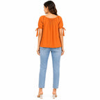 Women's Burnt Orange Gathered Neck Tie-Sleeve Casual Top-1