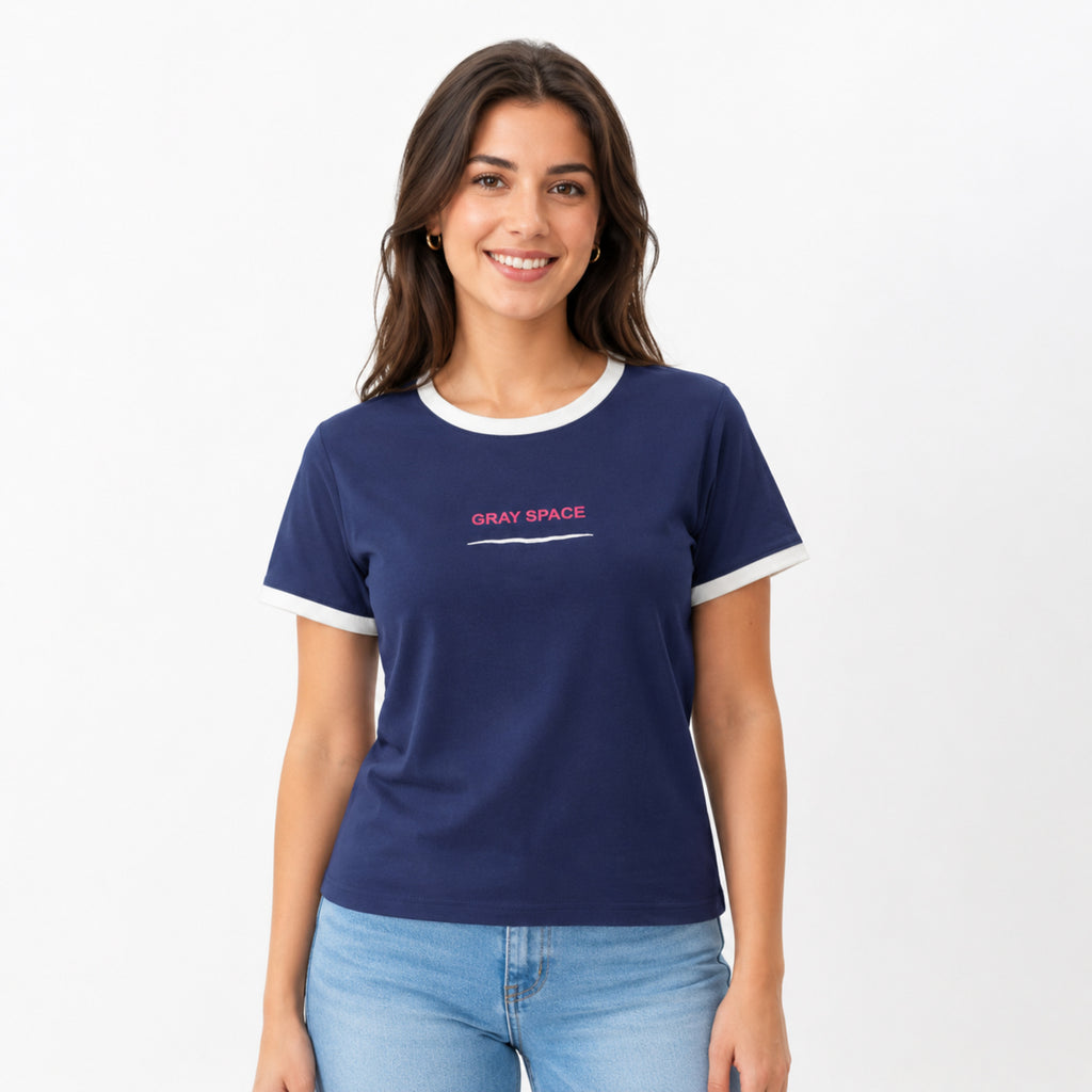 Women's Navy Blue Graphic Ringer T-Shirt-1