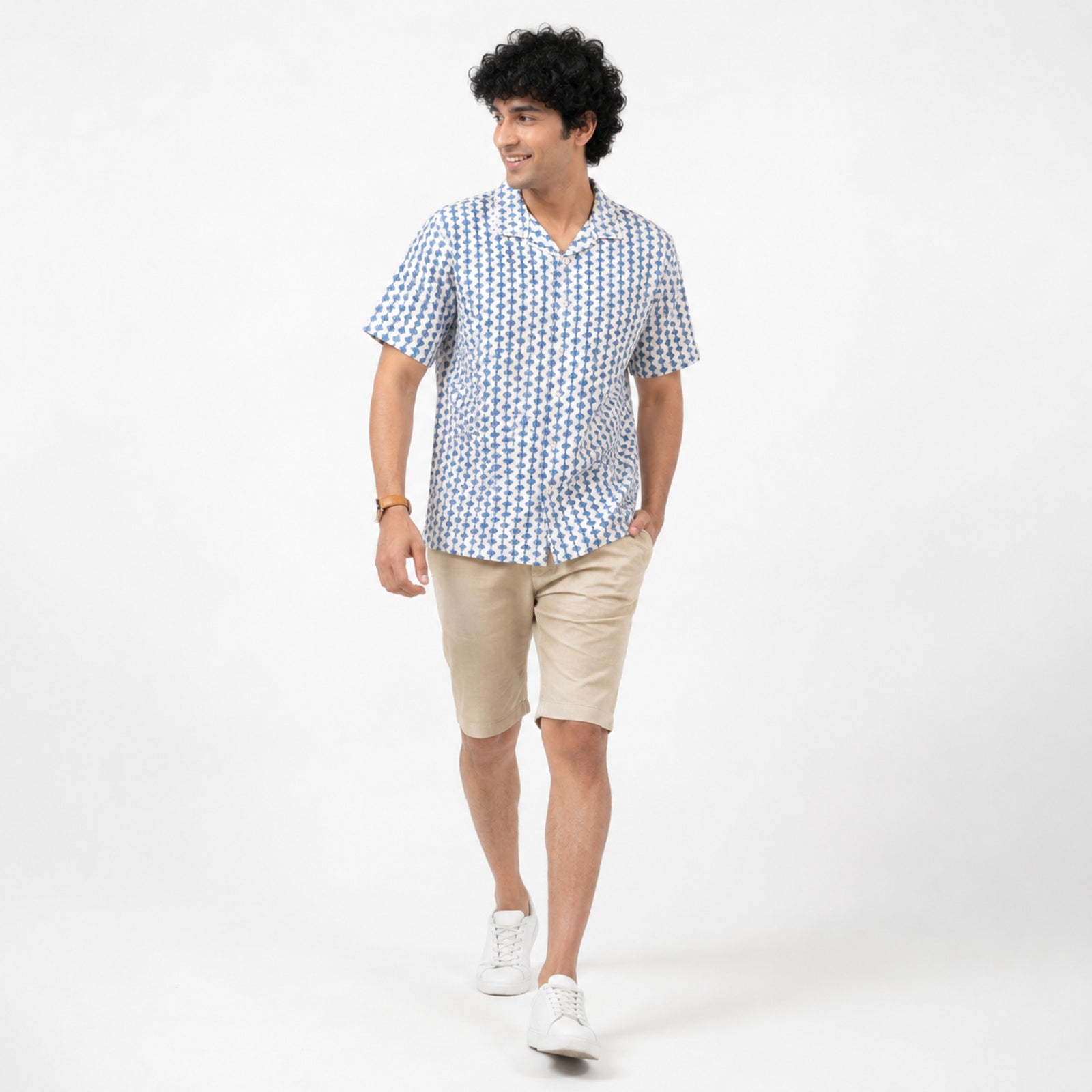 Men's White & Blue Geometric Print Casual Shirt-4