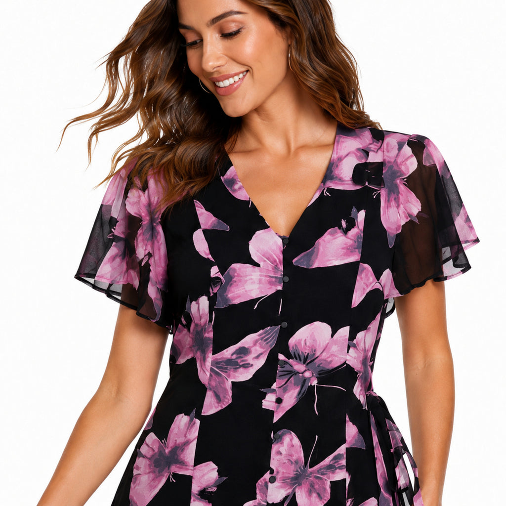 Women's Wine Floral Print V-Neck Fit & Flare Midi Dress-3